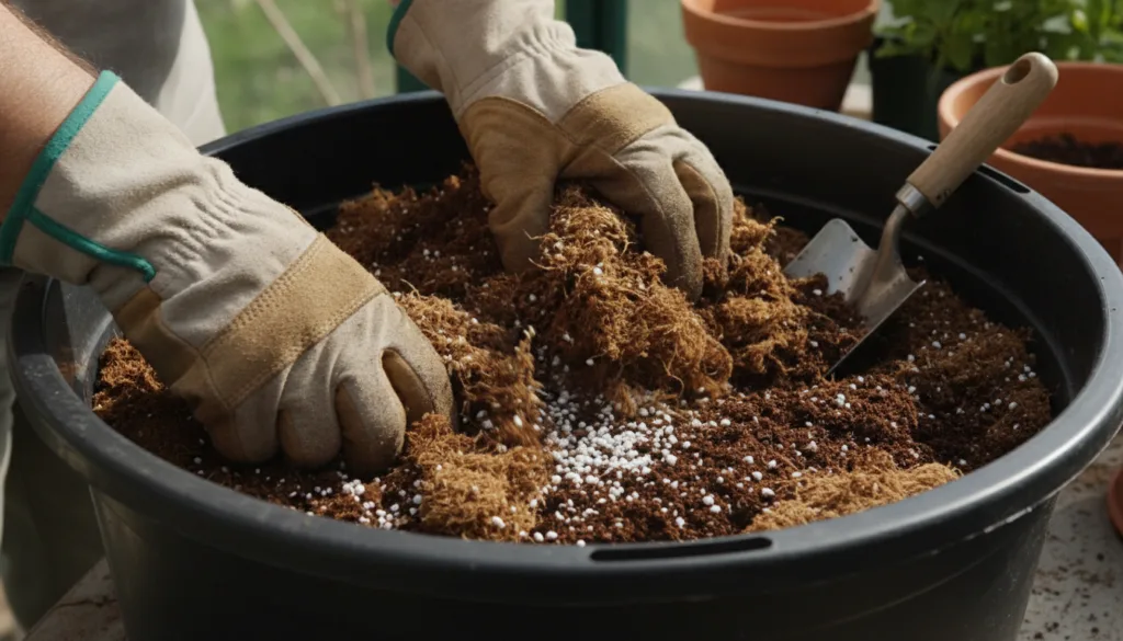 A close-up shot of hands mixing ingredients for a DIY seed starting mix in a large plastic tub Ingredients like peat mos