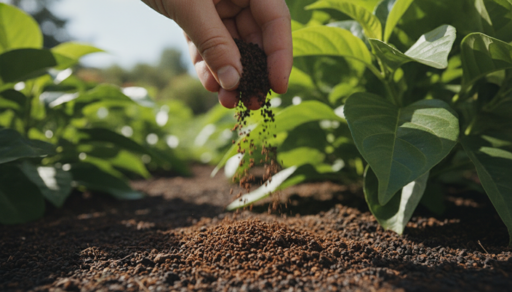 Close-up of coffee grounds being sprinkled around the base of a healthy green plant in a garden bed