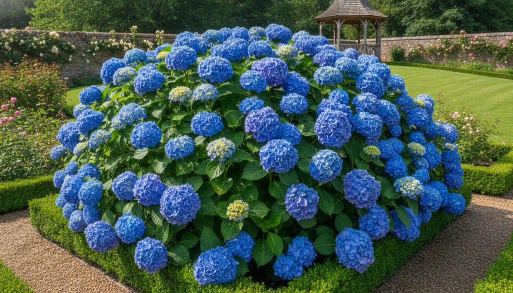 A vibrant blooming blue hydrangea bush in a garden with lush green leaves and multiple large flower heads