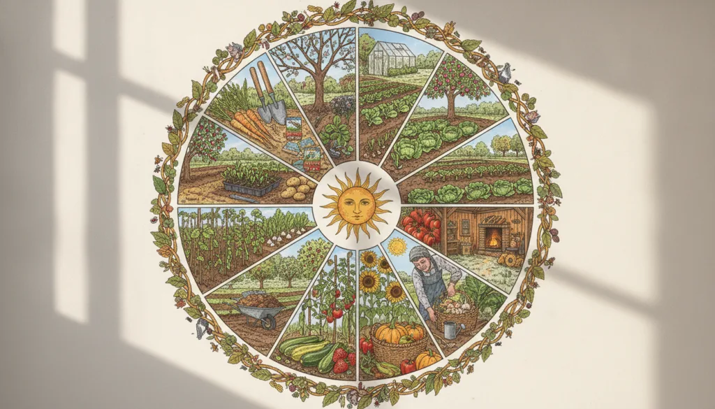 A colorful and illustrative graphic of a year-round garden calendar featuring various vegetables and gardening tools arr