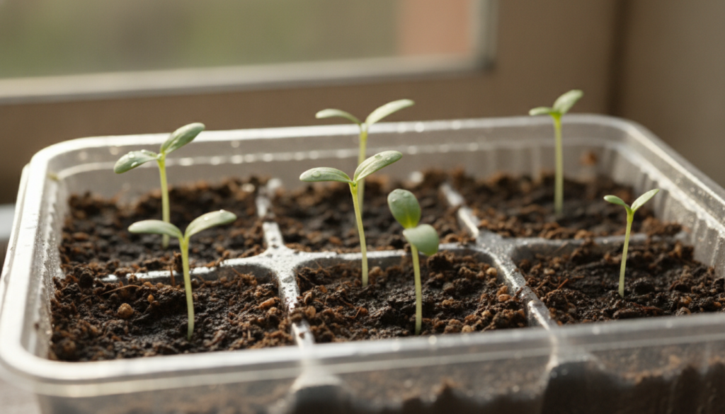 A close-up of various small green seedlings just emerging from dark potting soil in a tray with a gentle warm light high