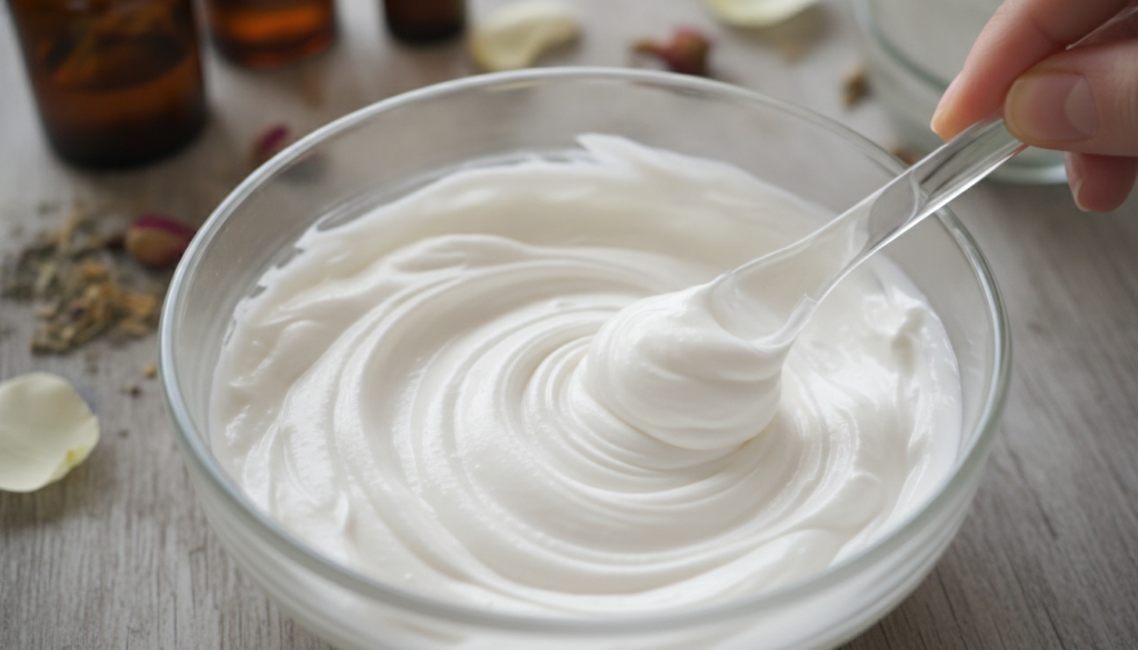 A close-up of the DIY soft skin night cream being mixed in a small bowl showing its creamy texture