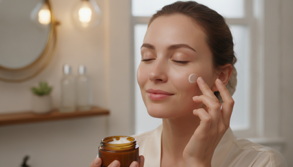 A woman gently applying the DIY soft skin night cream to her face before bed showing a relaxed self-care moment