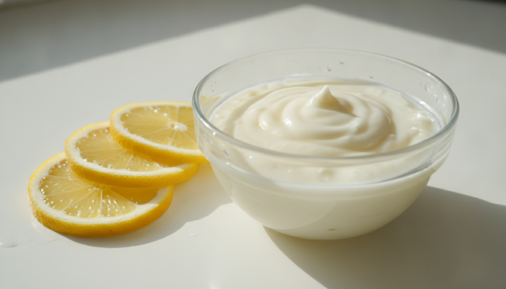 A small bowl containing a mixture of Vaseline and lemon juice with fresh lemon slices beside it suggesting a DIY dark sp