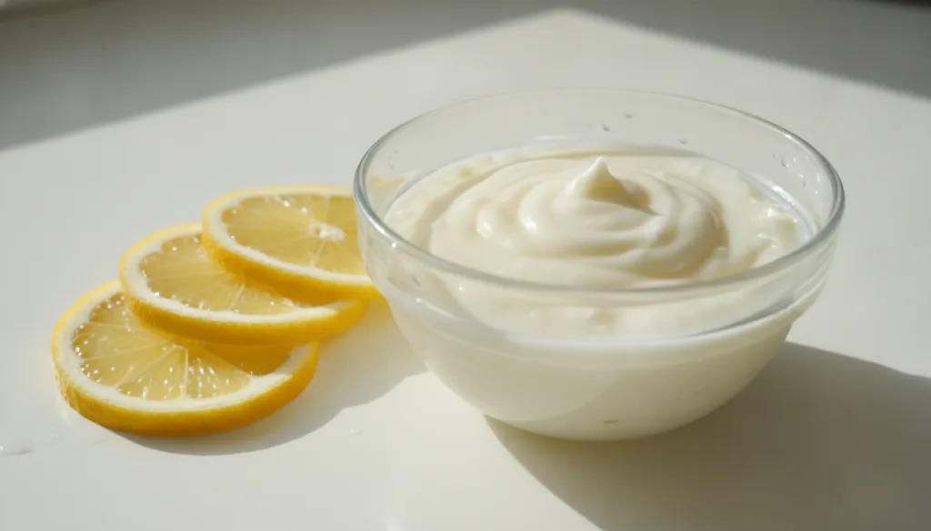 A small bowl containing a mixture of Vaseline and lemon juice with fresh lemon slices beside it suggesting a DIY dark sp