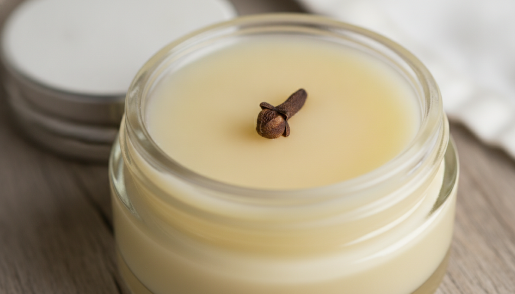Close-up of a smooth pale yellow homemade beauty balm in a small glass jar with a fresh clove resting on top as a garnis