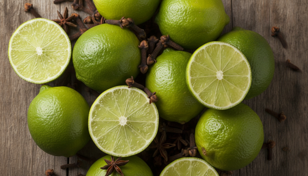 Close-up of fresh limes and whole cloves arranged on a rustic wooden surface