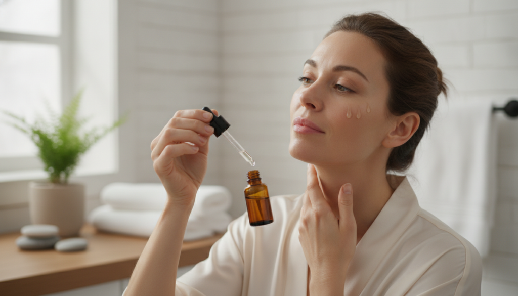 A woman gently applying a few drops of a natural serum from a dropper bottle to her cheek in a well-lit bathroom setting