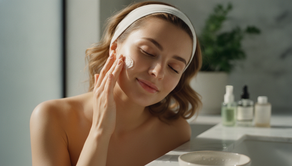A woman gently applying a facial scrub to her face with a soft glowing complexion in a bright clean bathroom setting
