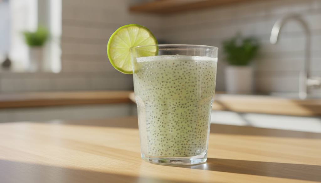 A refreshing glass of chia and lime drink garnished with a lime slice on a bright kitchen counter with natural light