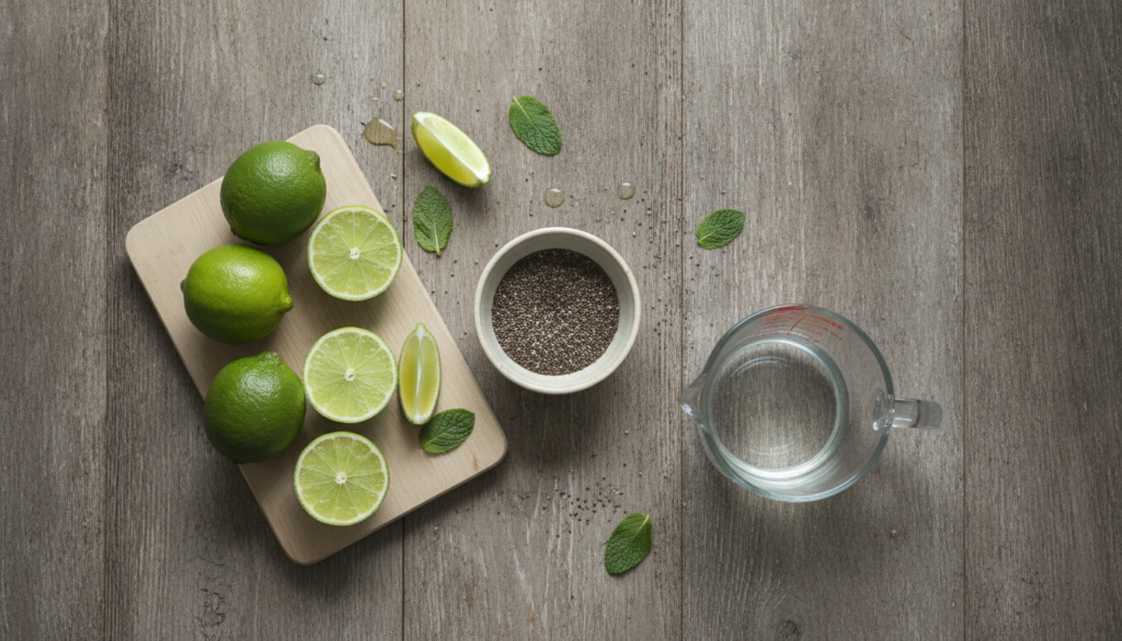 Various fresh ingredients for the chia and lime drink including a bowl of chia seeds whole limes a cutting board and a g