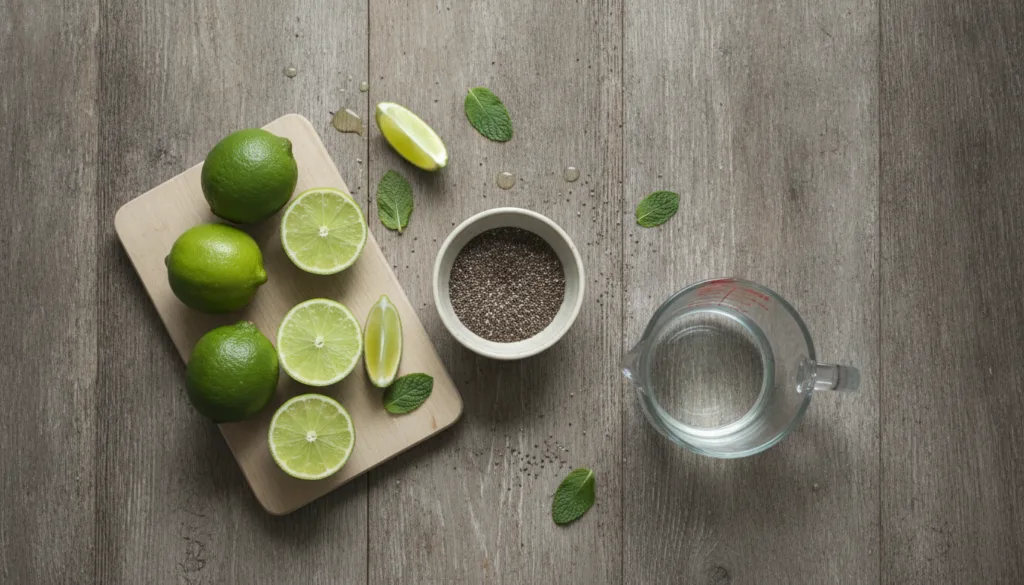 Various fresh ingredients for the chia and lime drink including a bowl of chia seeds whole limes a cutting board and a g