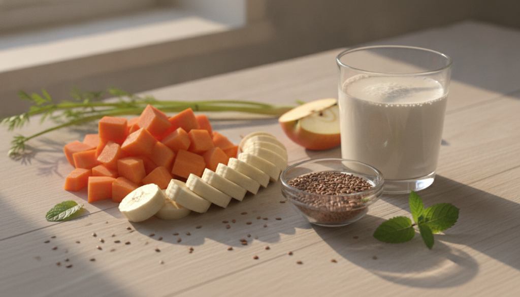 All the ingredients for the smoothie laid out on a clean surface chopped carrots sliced banana a small bowl of sesame se