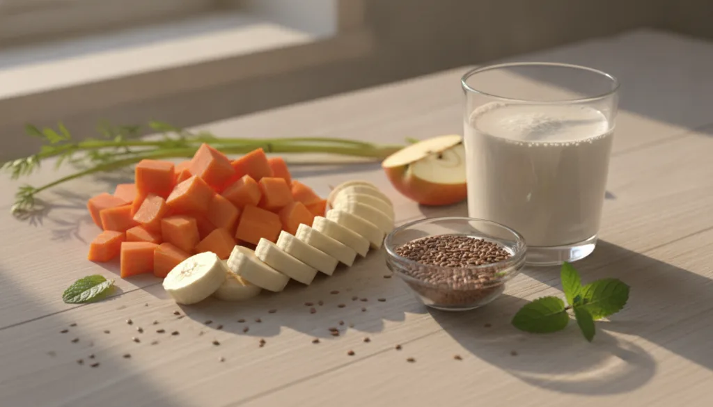All the ingredients for the smoothie laid out on a clean surface chopped carrots sliced banana a small bowl of sesame se