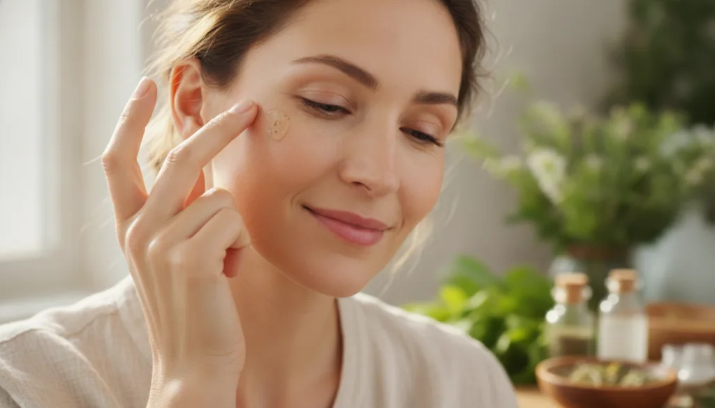 A woman gently applying a small amount of the homemade anti-aging gel to her clean face specifically around her eye area