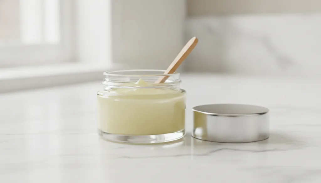 A small clear glass jar filled with a light yellow smooth homemade anti-aging gel made from Vaseline and Johnson s Baby