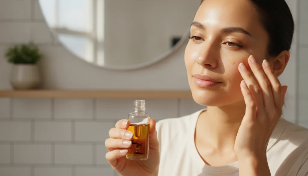 A person gently massaging the clove-infused baby oil onto their face with their fingertips showing a soft glowing comple