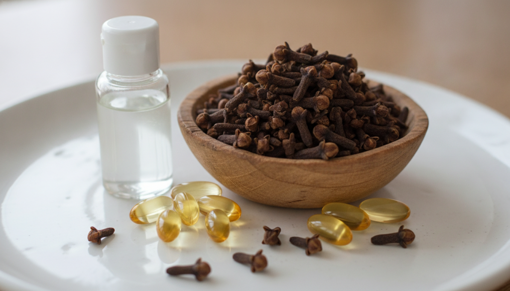 A close-up of whole dried cloves in a small wooden bowl with a bottle of baby oil and several Vitamin E capsules scatter