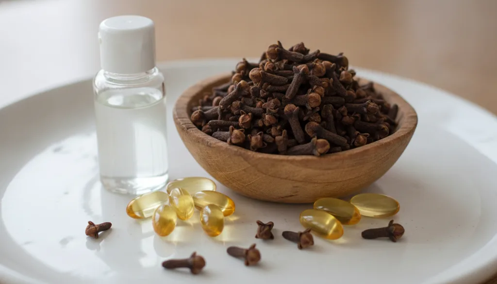 A close-up of whole dried cloves in a small wooden bowl with a bottle of baby oil and several Vitamin E capsules scatter