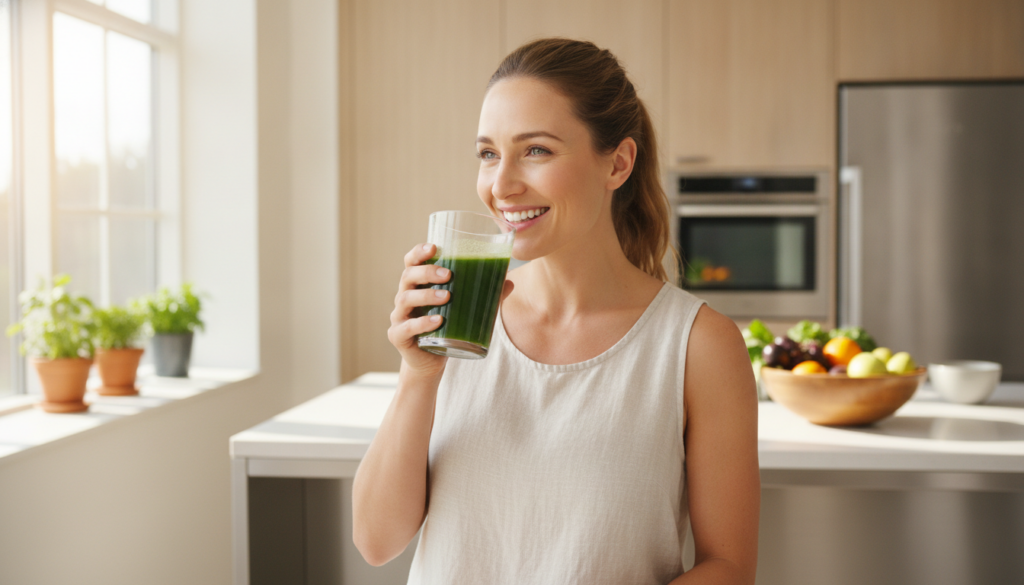 A person is smiling while holding a glass of vibrant green elixir sitting comfortably in a bright natural kitchen settin