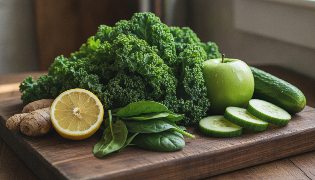 A variety of fresh vibrant green ingredients like spinach kale cucumber green apple lemon and ginger are artfully arrang