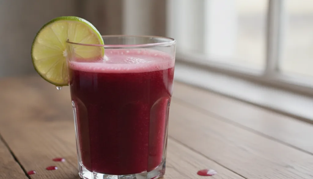 A close-up of vibrant beetroot and apple juice in a clear glass with a slice of lime on the rim and a few small pieces o