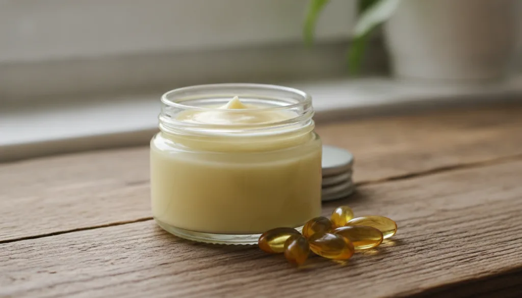 A small clear glass jar filled with a glossy light yellow homemade balm sitting on a natural wood surface with a few vit
