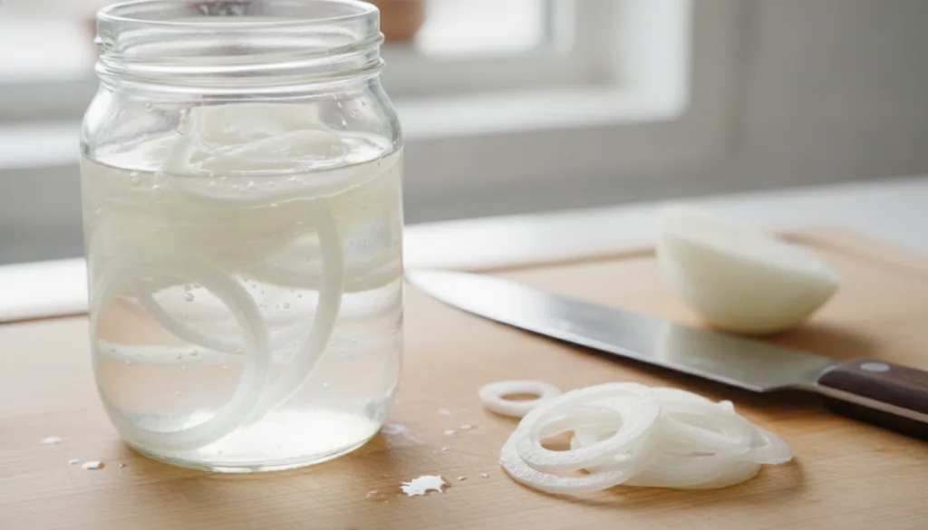 Close-up of a glass jar with sliced onions soaking in water next to a cutting board with more fresh onion slices and a k