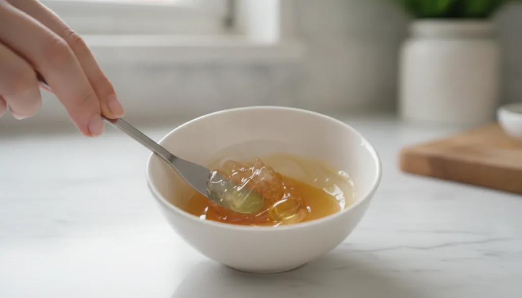 A woman s hand gently mixing petroleum jelly honey and the contents of a vitamin E capsule in a small ceramic bowl with