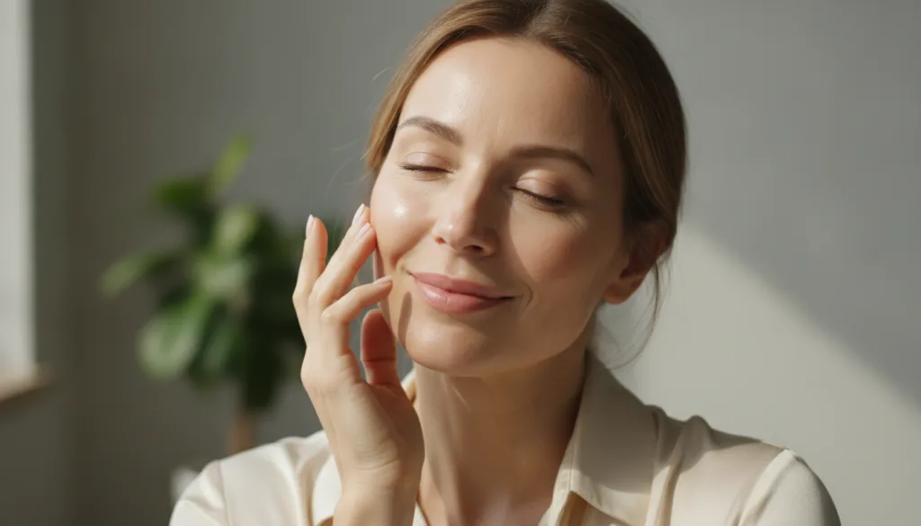 A woman with visibly smooth glowing skin gently touching her cheek smiling The lighting is soft and natural emphasizing