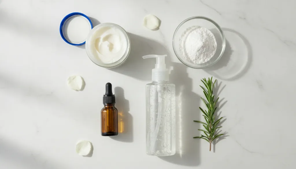 A neatly arranged selection of DIY beauty ingredients a jar of Vaseline a small bowl of collagen powder a bottle of aloe