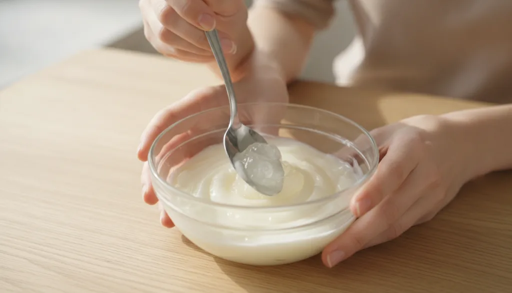 Hands mixing Vaseline collagen powder and aloe vera gel in a small glass bowl with a spoon showing the smooth texture of