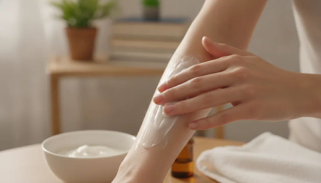 A woman applying the homemade Vaseline and baby oil mix to her arm showcasing smooth radiant skin after application