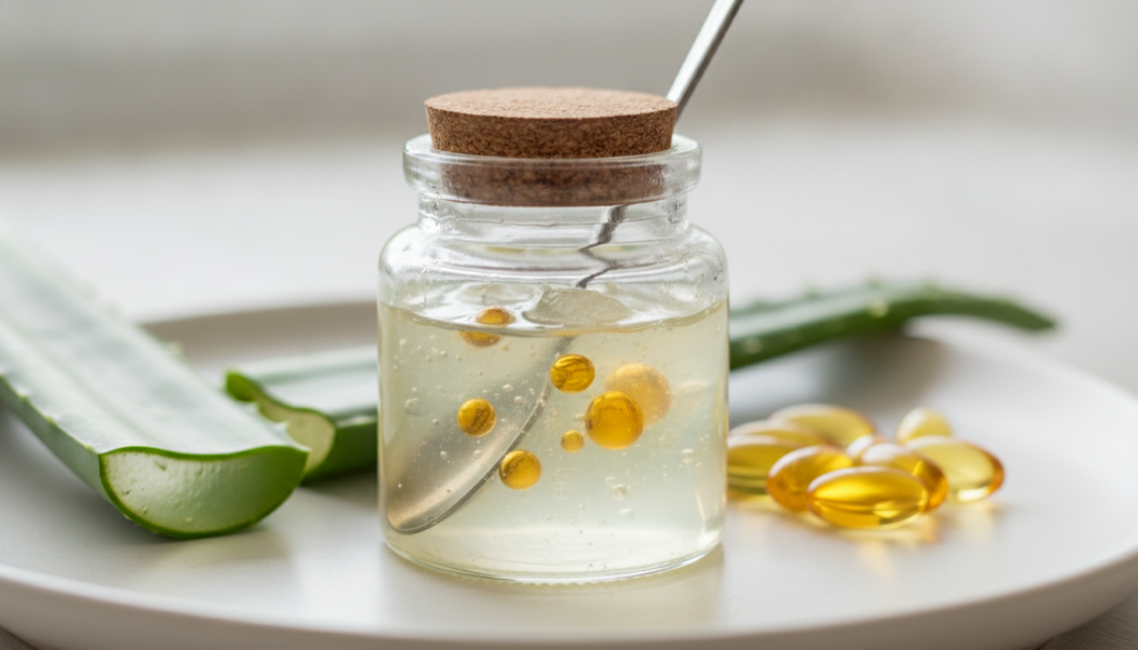 A small glass jar of aloe vera gel mixed with a few drops of vitamin E oil with fresh aloe leaf and vitamin E capsules i
