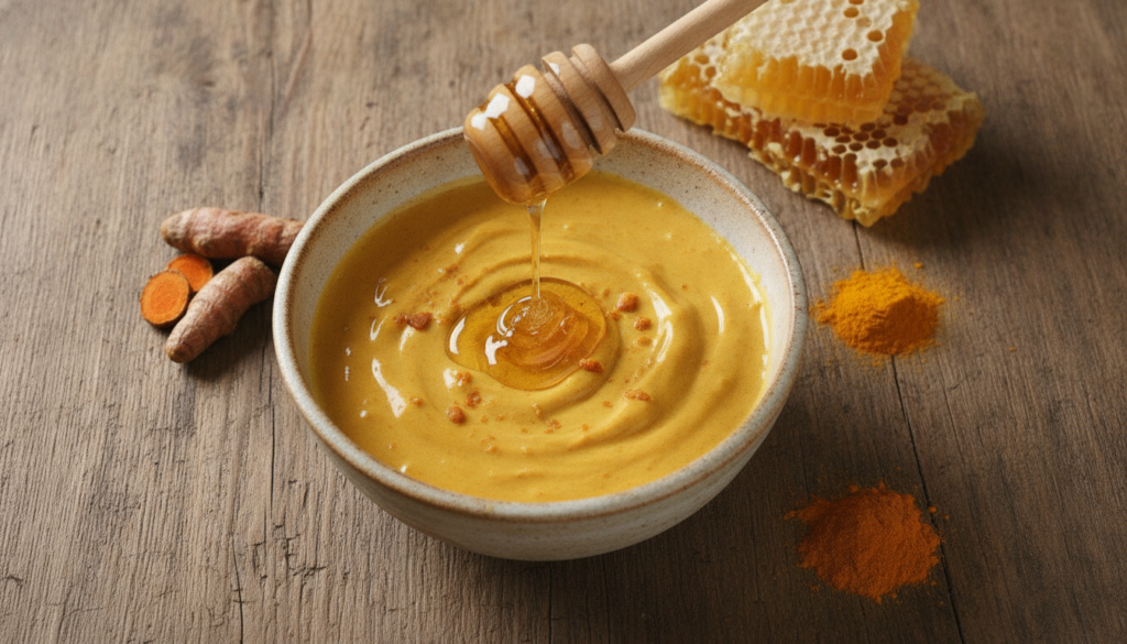 A bowl of creamy turmeric and honey face mask with a honey dipper dripping honey into the mixture on a rustic wooden tab
