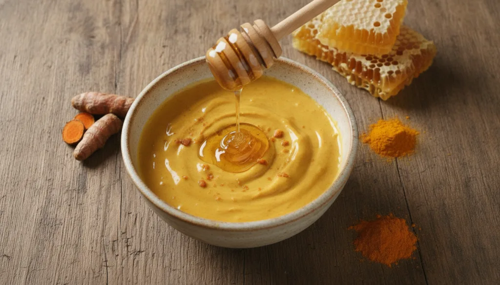 A bowl of creamy turmeric and honey face mask with a honey dipper dripping honey into the mixture on a rustic wooden tab