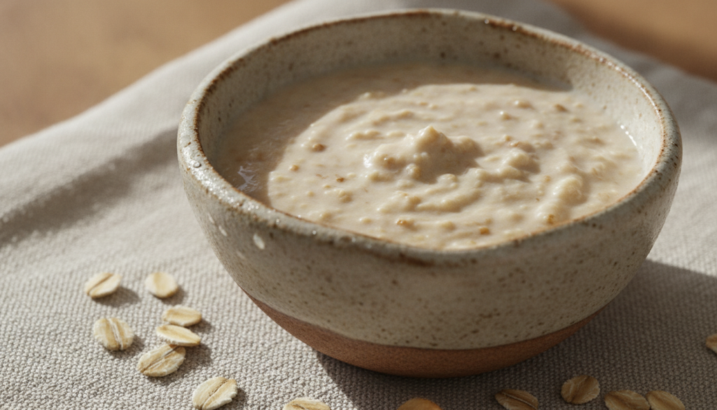 A small bowl of finely ground oatmeal and milk paste with a few whole oats scattered around on a light textured surface
