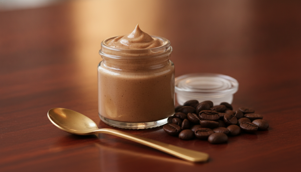 A tiny glass jar of coffee-infused coconut oil eye cream with coffee beans and a small spoon next to it on a dark wooden