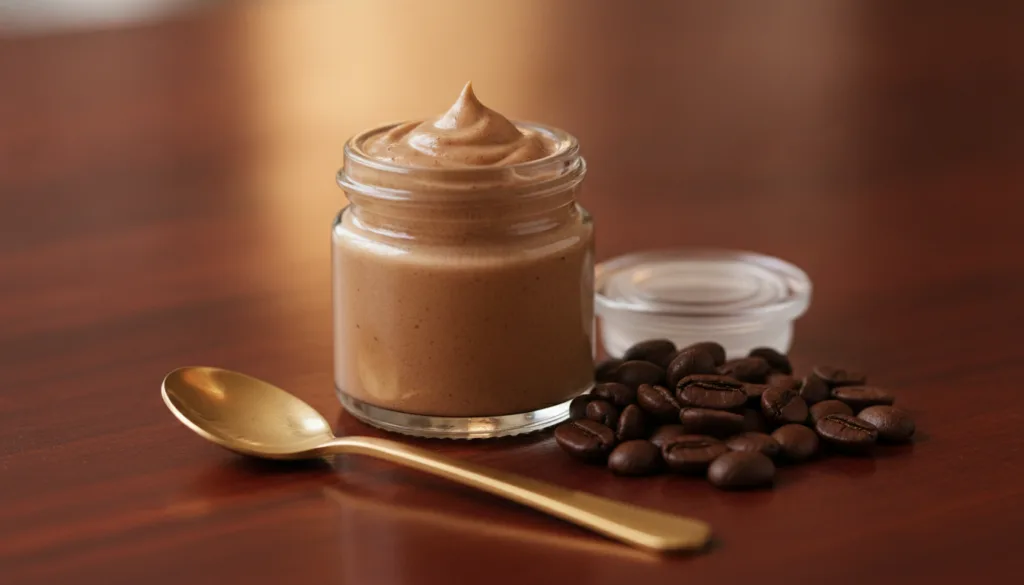 A tiny glass jar of coffee-infused coconut oil eye cream with coffee beans and a small spoon next to it on a dark wooden