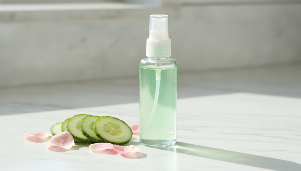 A clear spray bottle filled with a translucent green cucumber and rosewater mist with fresh cucumber slices and rose pet