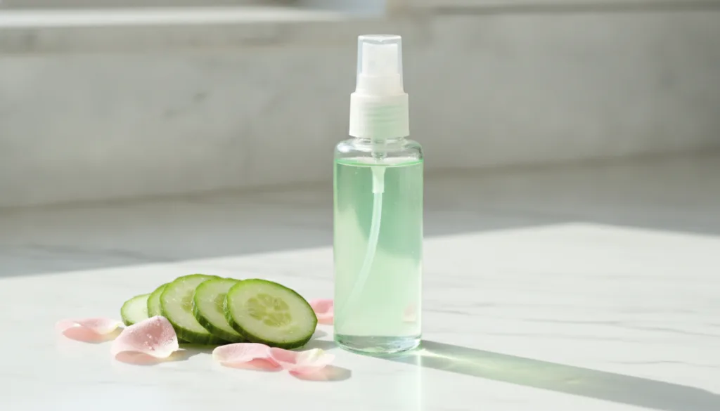 A clear spray bottle filled with a translucent green cucumber and rosewater mist with fresh cucumber slices and rose pet