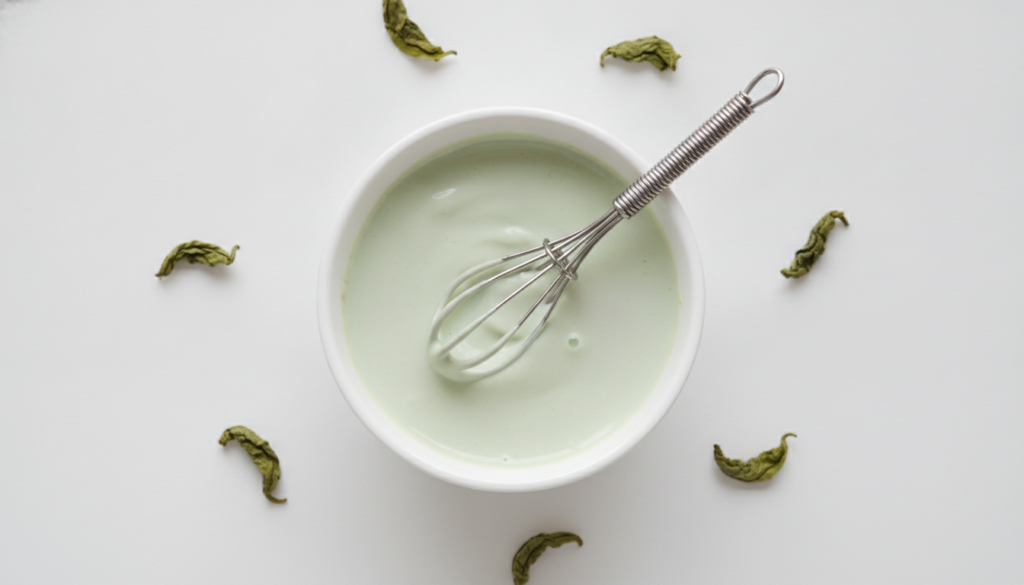 A bowl of creamy green tea and yogurt face mask with a whisk and a few green tea leaves scattered on a white background