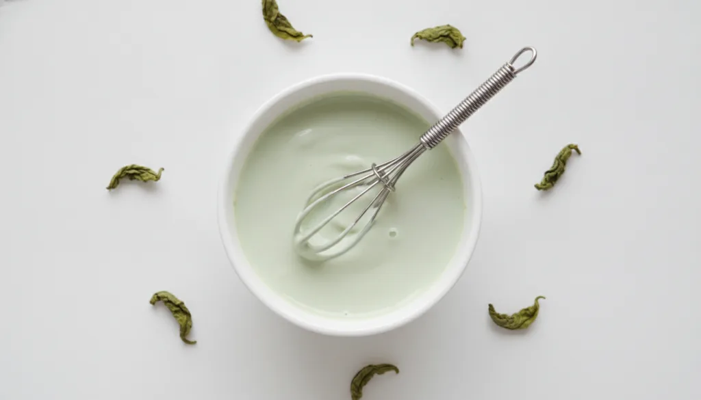 A bowl of creamy green tea and yogurt face mask with a whisk and a few green tea leaves scattered on a white background
