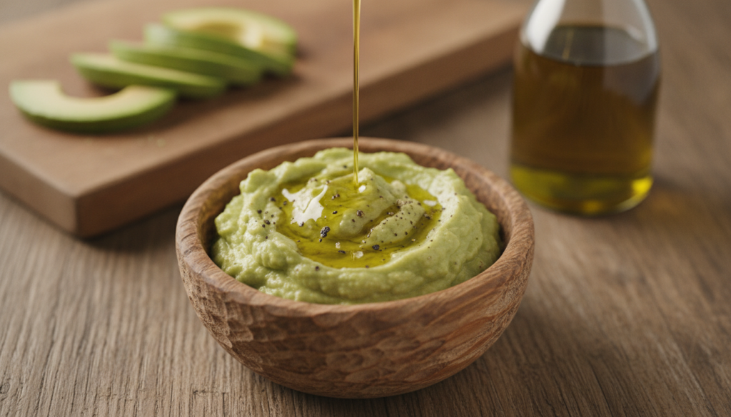 A small bowl of mashed avocado mixed with a drizzle of olive oil with fresh avocado slices and a bottle of olive oil in