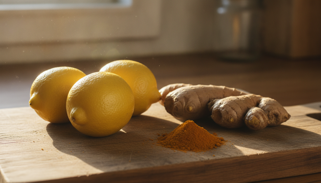 Various fresh ingredients for the morning glow drink laid out on a wooden cutting board whole lemons fresh ginger root a