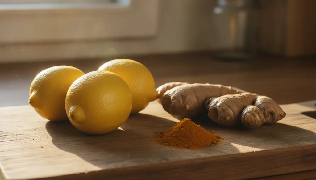 Various fresh ingredients for the morning glow drink laid out on a wooden cutting board whole lemons fresh ginger root a