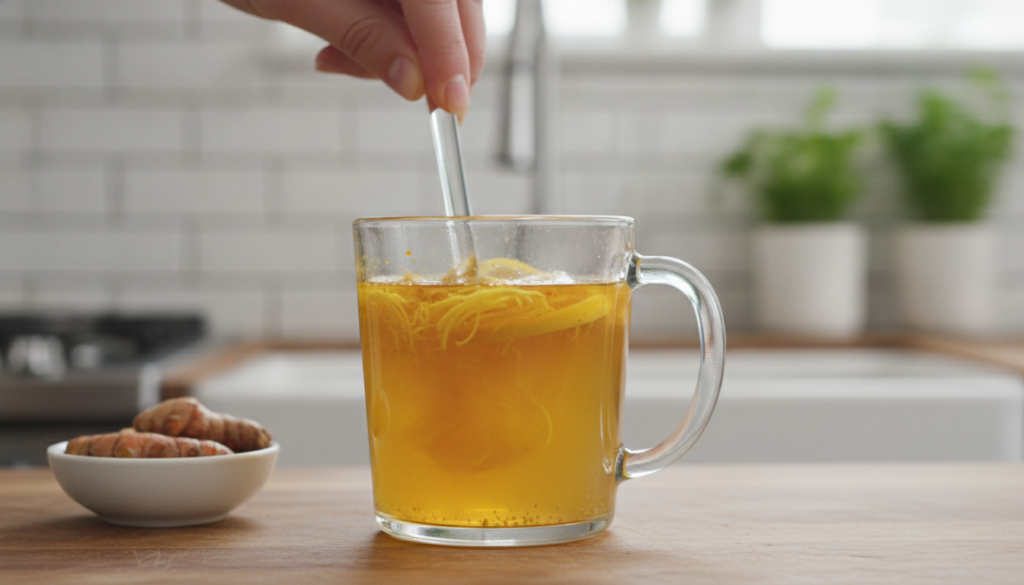 A close-up shot of a hand stirring the morning glow drink in a clear glass mug showing grated ginger and turmeric infusi