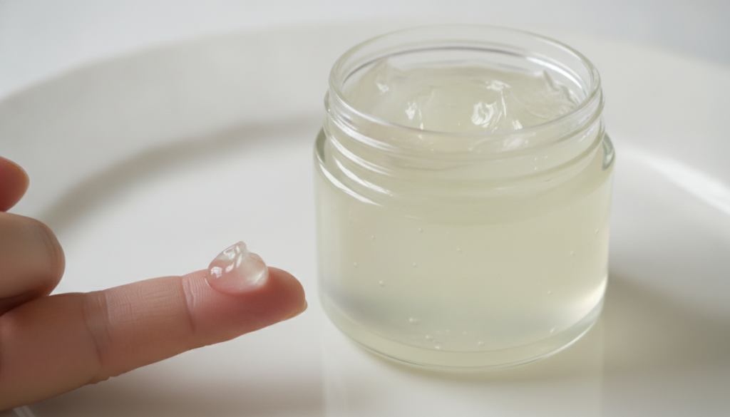An open jar of Vaseline petroleum jelly on a clean white surface with a small glistening dollop on a fingertip next to i