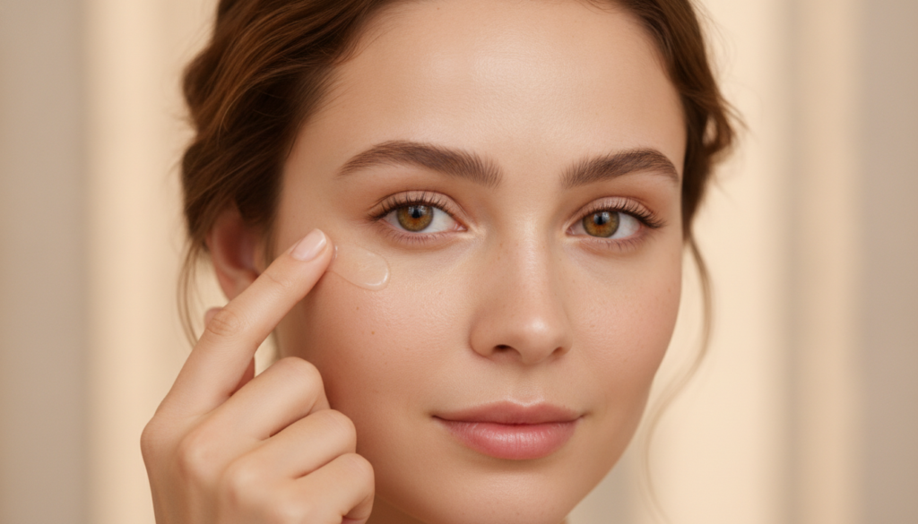 Close-up shot of a woman gently applying a small amount of Vaseline to her clean hydrated face focusing on areas like th