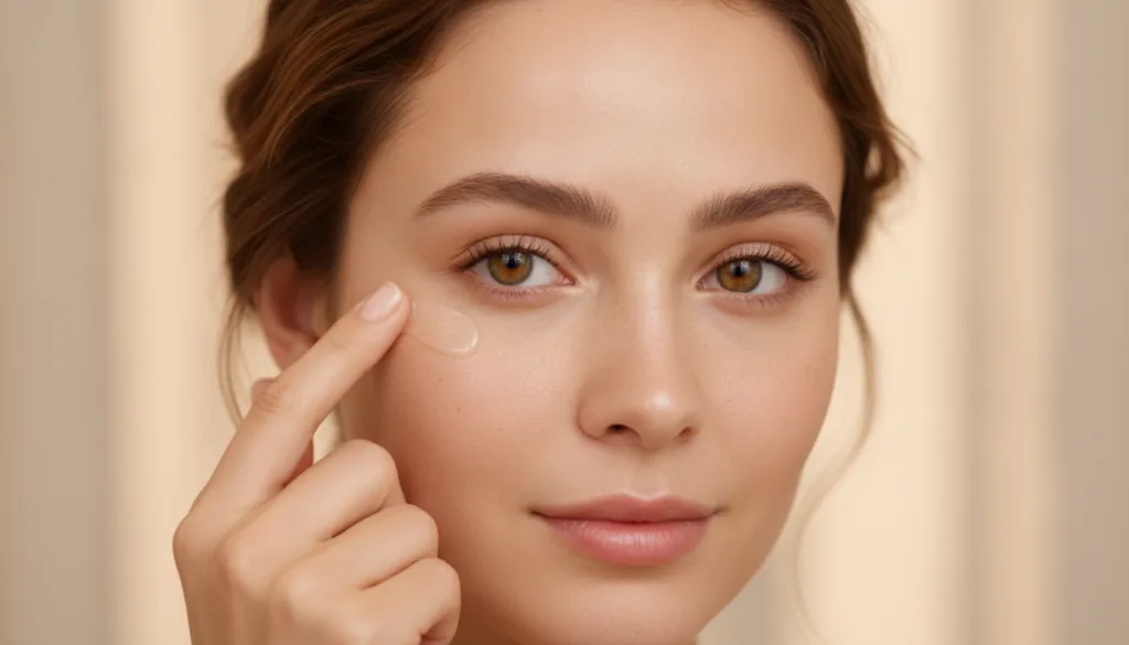 Close-up shot of a woman gently applying a small amount of Vaseline to her clean hydrated face focusing on areas like th